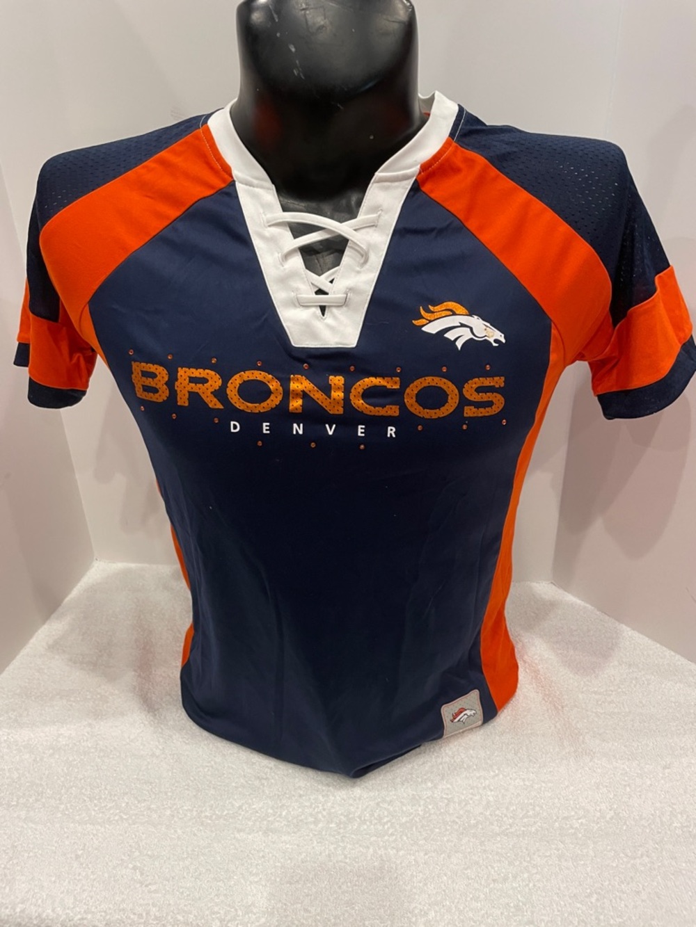 Womans Majestic Denver Broncos Navy and Orange Lace-Up Short Sleeve Tee